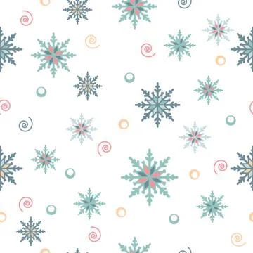 Snowflakes Seamless Pattern White background Blue and Peach color Illustrazione stock