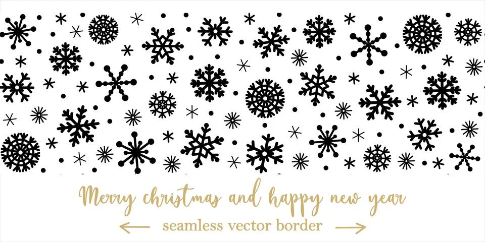 Snowflakes seamless vector border. Horizontal hand-drawn illustration Stock Illustration