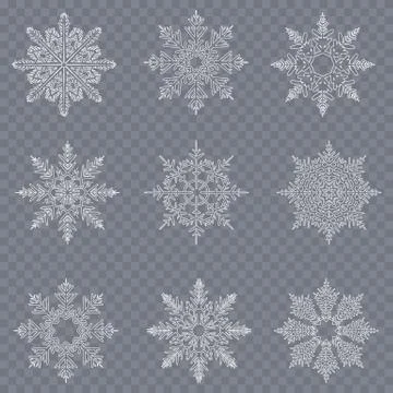 Snowflakes set on dark isolated background. Winter frosty glass pattern Illustrazione stock