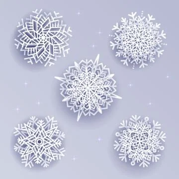 Snowflakes set in Volume 3d style on white silver background. Ice crystal wit Illustrazione stock