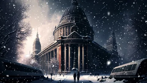 Snowflakes slowly falling on the buildings of the night city. Stock Footage 236201233