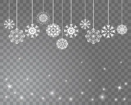 Snowflakes on strings on a transparent background. Abstract snowflake backgro Stock Illustration