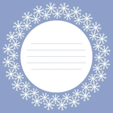 Snowflakes vector. Winter round frame template on blue background. Stock Illustration