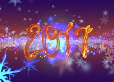 Snowflakes winter field cloud background and 2017 fire flame lettering. Happy Stock Illustration