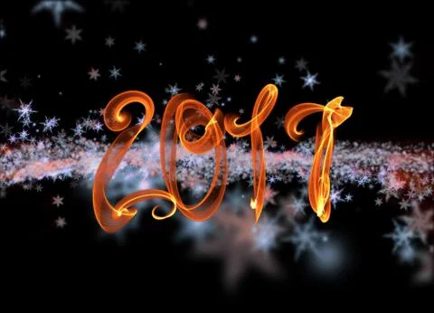 Snowflakes winter field cloud background and 2017 fire flame lettering. Happy Stock Illustration