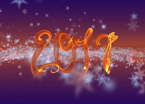 Snowflakes winter field cloud background and 2017 fire flame lettering. Hap.. Stock Illustration