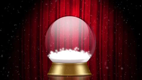 Snowglobe animation with falling snow on a red stage Stock Footage 69897826