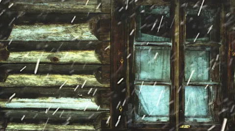 Snowing against the window and wall of an old wooden house Stock Footage 61947167
