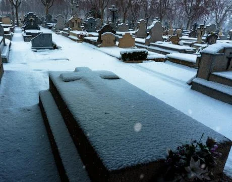 Snowing on the graveyard cross Stock Photos