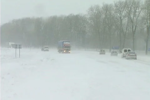 Snowing on road Stock Footage 1100421