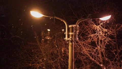 Snowing Snow Flakes Lighting Pole Night Time Stock Footage 149706730