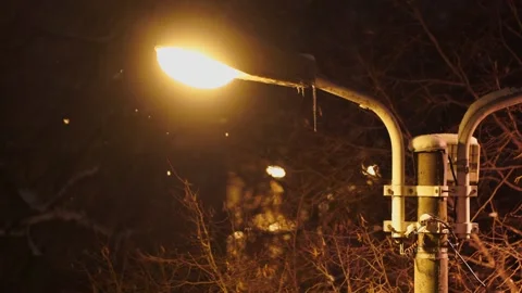Snowing Snow Flakes Lighting Pole Night Time Stock Footage 149707027