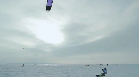 Snowkiting On The Frozen River Stock Footage 47362933