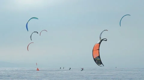 Snowkiting On The Frozen River Stock Footage 47363345