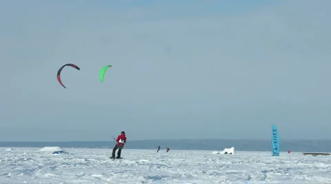 Snowkiting slow motion 100 fps video Stock Footage 1180461