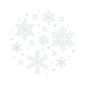 Snowlakes composition in circle shape, line art Stock Illustration