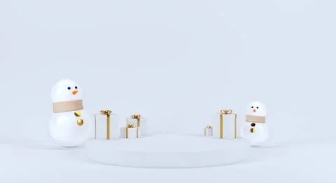 Snowman and gift box with empty space for text. 3d rendering Stock Illustration