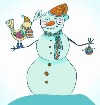 Snowman with bird, cute backcground Stock Illustration