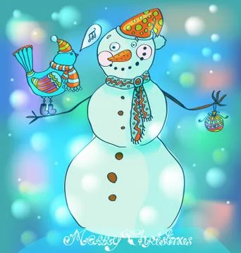 Snowman with bird, cute backcground Stock Illustration