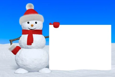 Snowman with blank white board Illustrazione stock