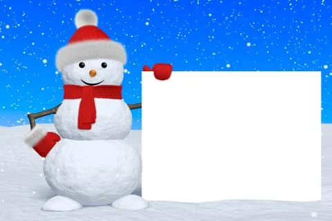 Snowman with blank white board under snowfall Stock Illustration