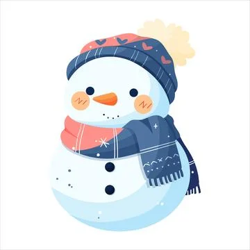 A snowman in a blue hat and a blue scarf decorated with snowflakes and hearts Stock Illustration