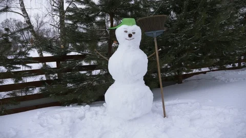 Snowman with a broom Stock Footage 88395445