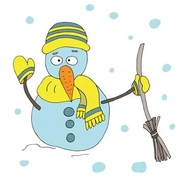 Snowman with a broom. Vector character. Stock Illustration