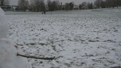 A snowman built in a park. Stock Footage 148396120