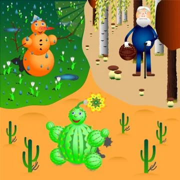 Snowman, cactus and oldman in different seasons and weathers Stock Illustration