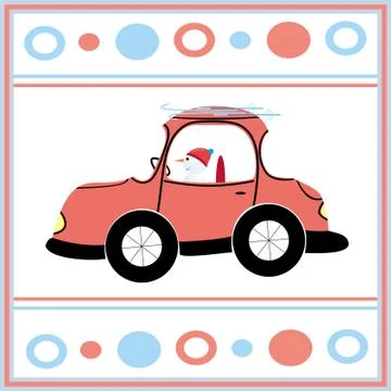 Snowman in a car going to ski Stock Illustration