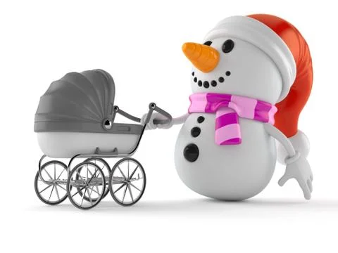 Snowman character with baby stroller Stock Illustration