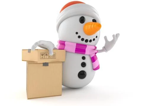 Snowman character with stack of boxes Illustrazione stock