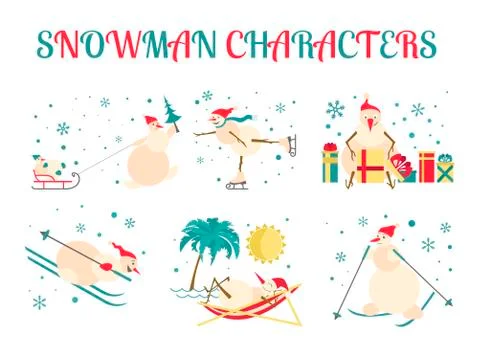 Snowman characters icon set. Flat design Stock Illustration