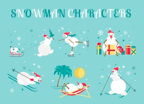 Snowman characters icon set. Flat design Stock Illustration