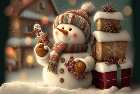 Snowman Christmas card toys and adorable presents. Generative AI Stock Illustration