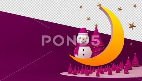 Snowman, Christmas tree and crescent moon 3d rendering. Template PSD