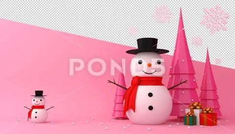 Snowman, christmas tree and gift box 3d rendering. PSD Template