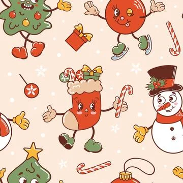 Snowman, Christmas tree and stocking dancing, ball is skating. Cute old retro Stock Illustration