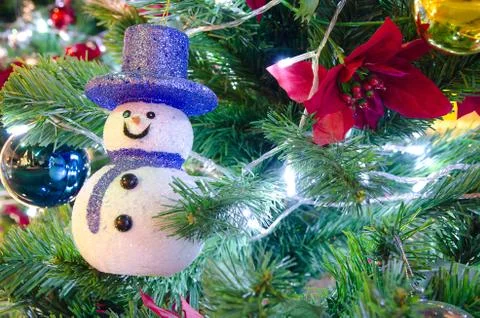 Snowman on christmas tree Stock Photos