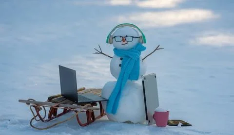 Snowman doing remote work in winter landscape. Online shopping Christmas gift Foto stock