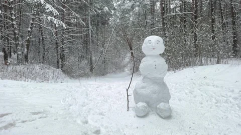 Snowman in the forest, falling snow, nice winter weather Stock Footage 261994163