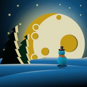 Snowman in the forest at night Stock Illustration