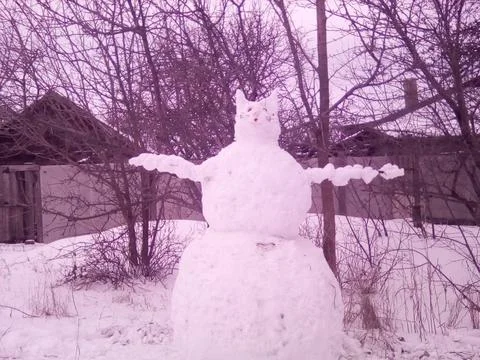 Snowman in the form of a cat Stock Photos