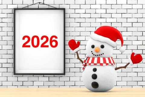 Snowman in front of Brick Wall with Frame 2026 Sign. 3d Rendering Stock Illustration