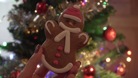 Snowman Gingerbread cookie being hold by woman's hand in front of Christmas tree Stock Footage 83849820
