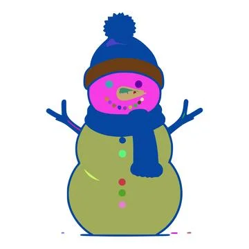 The snowman has a blue hat with a brown band around it. There is a green sn.. Stock Illustration