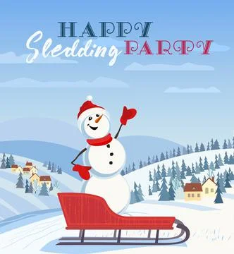 Snowman invite to sledding party vector poster Stock Illustration