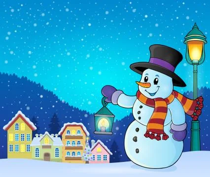 Snowman with lantern theme image Stock Illustration