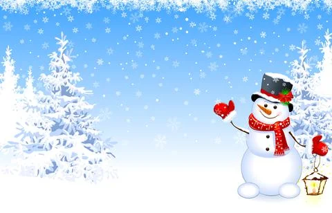 Snowman with a lantern in the winter forest Illustrazione stock